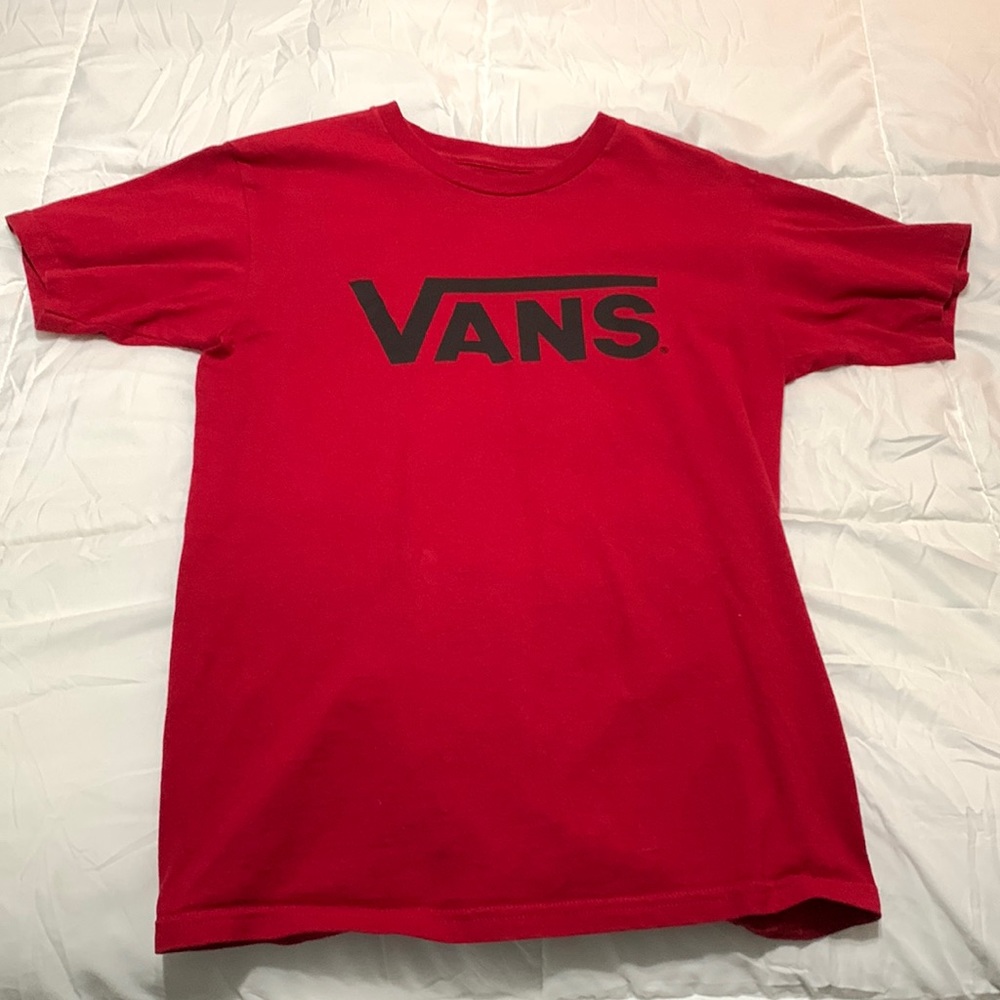 Small red vans shirt black logo